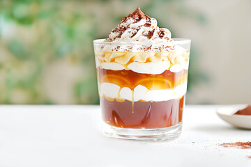 Classic coffee jelly in a transparent glass on a white table. Jelly has clearly visible layers, with whipped cream and cocoa powder on top