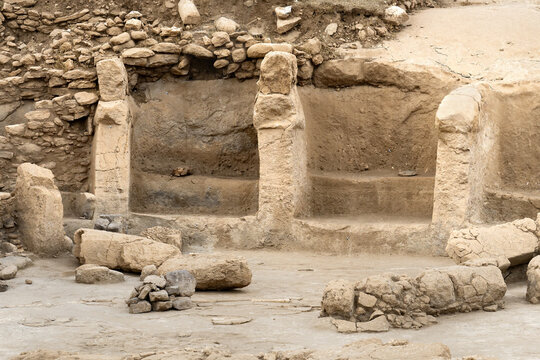 Neolithic archaeological site of Karahan Tepe, Circular stone structure with T Shape pillars, Sanliurfa, Turkey