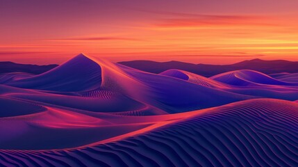 Sunrise paints unusual fractal patterns on undulating desert sand dunes with a vibrant orange and...