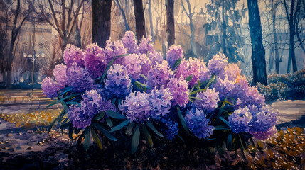 City park transformed by blooming hyacinth bush in pastels