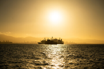 Golden sunset at sea. Cargo ships in the rays of the setting sun.