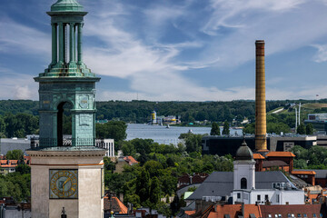 Panorama of the city of Poznań with a view of Lake Malta and a fragment of the town hall tower.