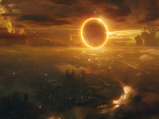 a cityscape with a bridge in the foreground and a glowing orange ring above it, resembling an eclipse.