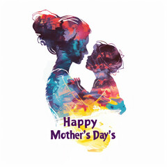 Coloful silhouette of a woman with a child, words "Happy Mother's Day" underneath, isolated on white background 
