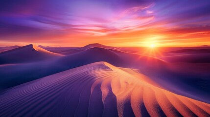 Sunrise paints unusual fractal patterns on undulating desert sand dunes with a vibrant orange and purple gradient sky as backdrop