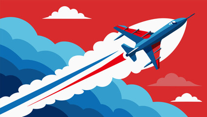 A striking illustration of a military plane soaring through the sky leaving behind a trail of red white and blue smoke as a symbol of freedom and. Vector illustration