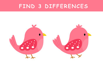 Find 3 differences in illustration. Educational activity with cute bird illustration. Spot difference. Educational fun game for children.