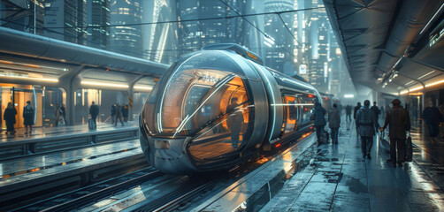 Futuristic Airport Shuttle Train at Modern Terminal with Reflections. Transportation hubs smart ticketing and autonomous vehicle.