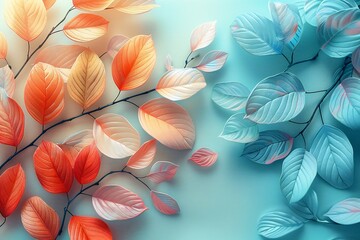 Autumn leaves on a blue background,   rendering,  illustration