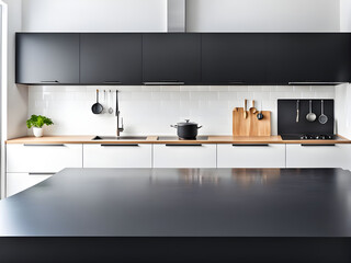 Black table in clean modern kitchen background