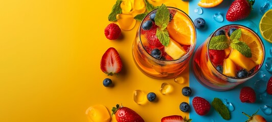 Sangria,yellow-blue background, summer fruits scattered around