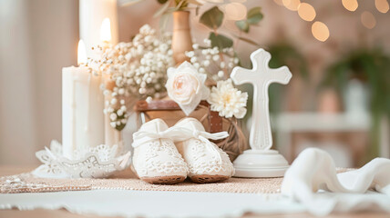 Baby booties and cross stitch baby baptism concept. Selective focus.