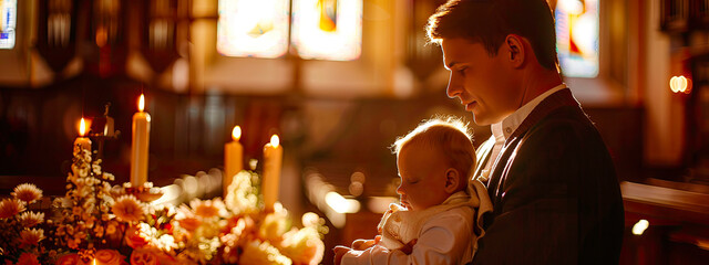 Baptism of a child in church. Selective focus. - obrazy, fototapety, plakaty