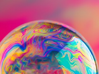 A close-up of a soap bubble exhibiting a burst of swirling colors reflected on its surface against a soft pink backdrop.