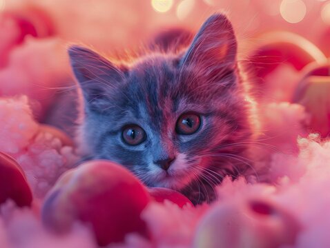 A cute little grey kitten with big ears, surrounded by peaches, with purple lighting. Background, banner, poster, blog, wallpaper