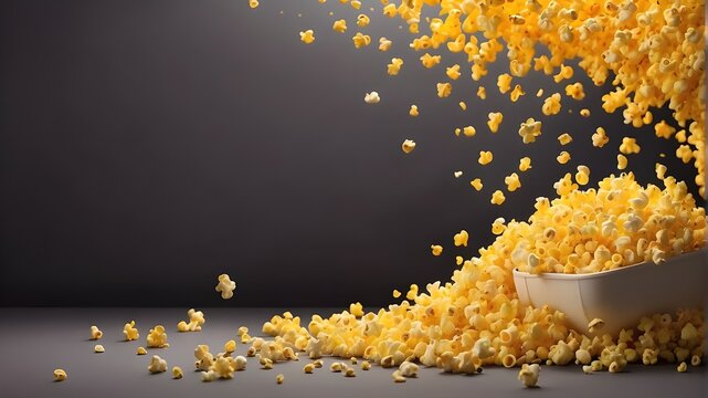 A plain background of bright yellow with popcorn. Food concept for 3D with a realistic background featuring flying, exploding popcorn cornflakes and movie snack advertisement