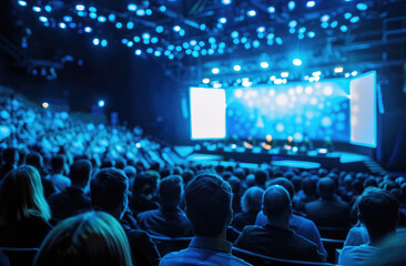A large audience at an event, sitting in front of the stage with blue LED screens and light decorations, was viewed from behind, capturing people's attention during a conference or business meeting