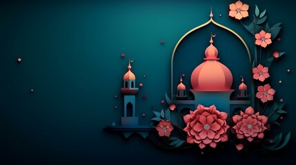 Obraz premium Ramadan Kareem's background with mosque and flowers. Paper art style. Vector illustration.