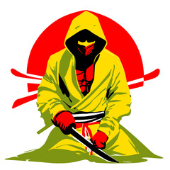 tattooed hooded man with bloody katana and full body, vector illustration flat 2