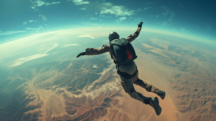 A skydiver wearing an jumpsuit is jumping from the edge of a glowing red rock cliff overlooking a vast canyon, sunny day, travel, extreme activity