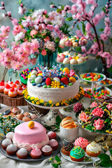 Beautiful Easter cake and eggs on the table. Selective focus.