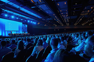 A large audience at an event, sitting in front of the stage with blue LED screens and light decorations, was viewed from behind, capturing people's attention during a conference or business meeting - obrazy, fototapety, plakaty