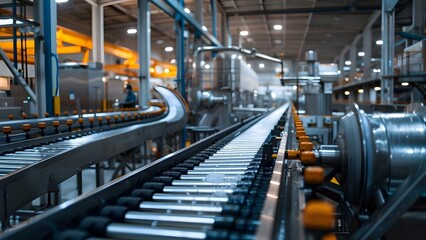 Fototapeta premium Modern fish processing plant with conveyor belt for canned seafood production. Concept Seafood Processing, Conveyor Belt System, Modern Technology, Canned Seafood Production, Fish Processing Plant