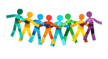 teamwork, colored paper people over transparent background