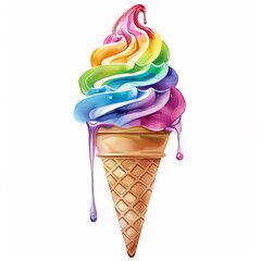 Clipart of a rainbow-colored ice cream cone dripping sweetly - obrazy, fototapety, plakaty