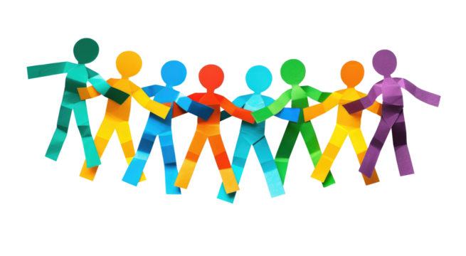teamwork, colored paper people over transparent background