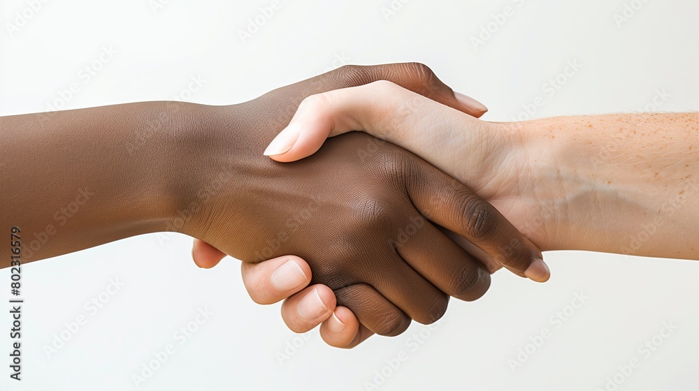 Poster an inclusive image representing friendship and cooperation, with a handshake between individuals of