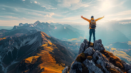 Positive man celebrating success on mountain, Happy man, arms up, on the top, Motivation to work hard to succeed, leadership, achievement concept. Freedom travel adventure