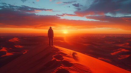 A man standing on top of the desert dunes at sunset, back view, orange and red tones, cinematic, landscapes
