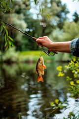 The fisherman holds a fish in his hands. Selective focus.