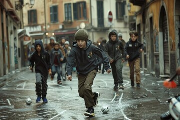 Unidentified people playing football on the streets of Bologna, Italy.