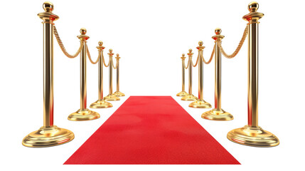 Red carpet and golden barriers on transparent. VIP event, luxury celebration. Celebrity party entrance. Grand opening. Cinema premiere