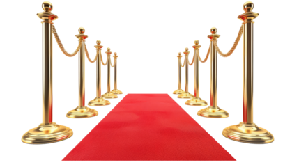 Red carpet and golden barriers on transparent. VIP event, luxury celebration. Celebrity party entrance. Grand opening. Cinema premiere
