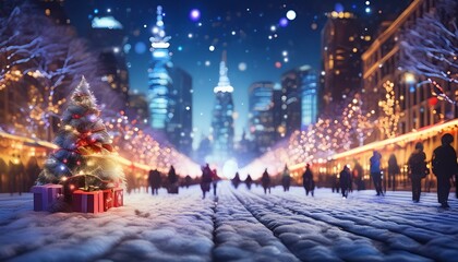 Night modern city in winter at Christmas, large gift box