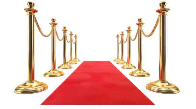 Red carpet and golden barriers on transparent. VIP event, luxury celebration. Celebrity party entrance. Grand opening. Cinema premiere
