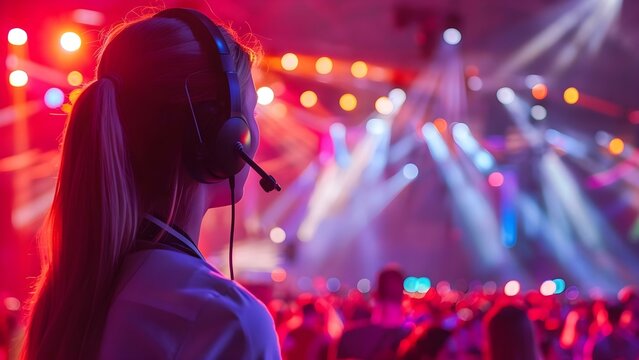 Event Manager at Live Concert: Young Female with Headset and Colorful Spotlights. Concept Live Concert, Event Manager, Young Female, Headset, Colorful Spotlights