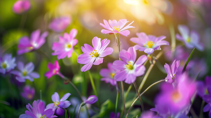 Beautiful spring flowers, pink and purple little wildflowers in the garden with sunlight and bokeh background