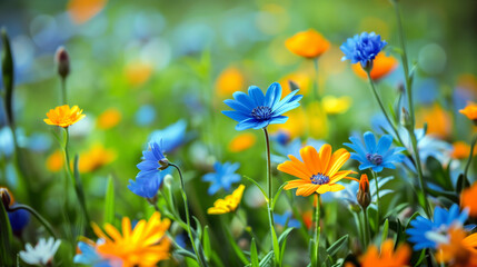 A vibrant field of blue and orange wildflowers, captured in natural light with a macro lens to highlight the delicate petals against lush green grass.
