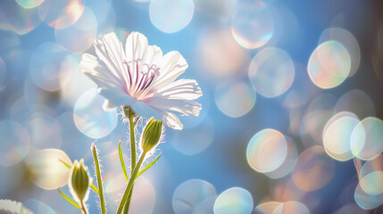 A single white flower with delicate petals, standing tall against the backdrop of blue sky, surrounded by shimmering bokeh lights.