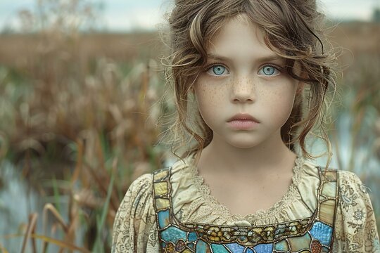 Portrait of a little girl in a dress in the reeds