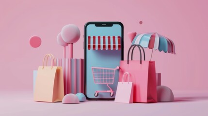 3D Minimal online shopping on smartphone application service, digital marketing, online buying, and online payment, summer or big sale, payment, discount for credit, 3D render, Generate AI