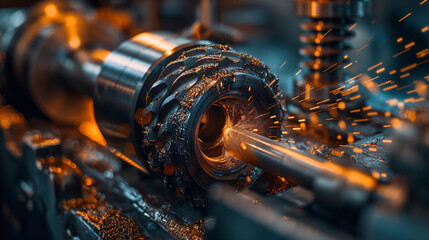 A closeup of an industrial lathe turning metal