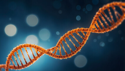 An orange DNA double helix on a celestial blue backdrop.