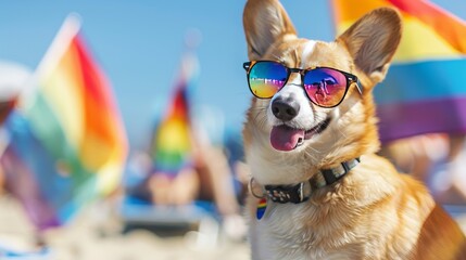 Funny dachshund dog in sunglasses at summer pride parade on beach with rainbow flags