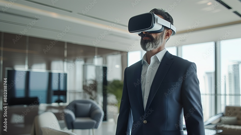 Poster futuristic man using virtual reality headset, innovation in business with vr device.
