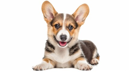 Obraz premium cute puppy with a tongue sticking out. The puppy is sitting on a white background. The puppy has a happy expression on its face